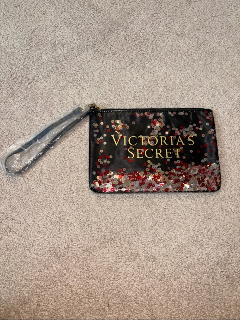 Victoria's Secret Black Sequin Wristlet with Red & Gold Accents